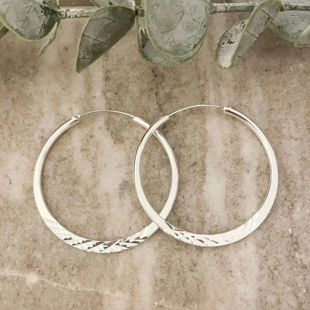 925 Sterling Silver Diamond Cut Hoop Earrings Textured Hoops Silver 2 inch Hoops - Picture 2 of 5